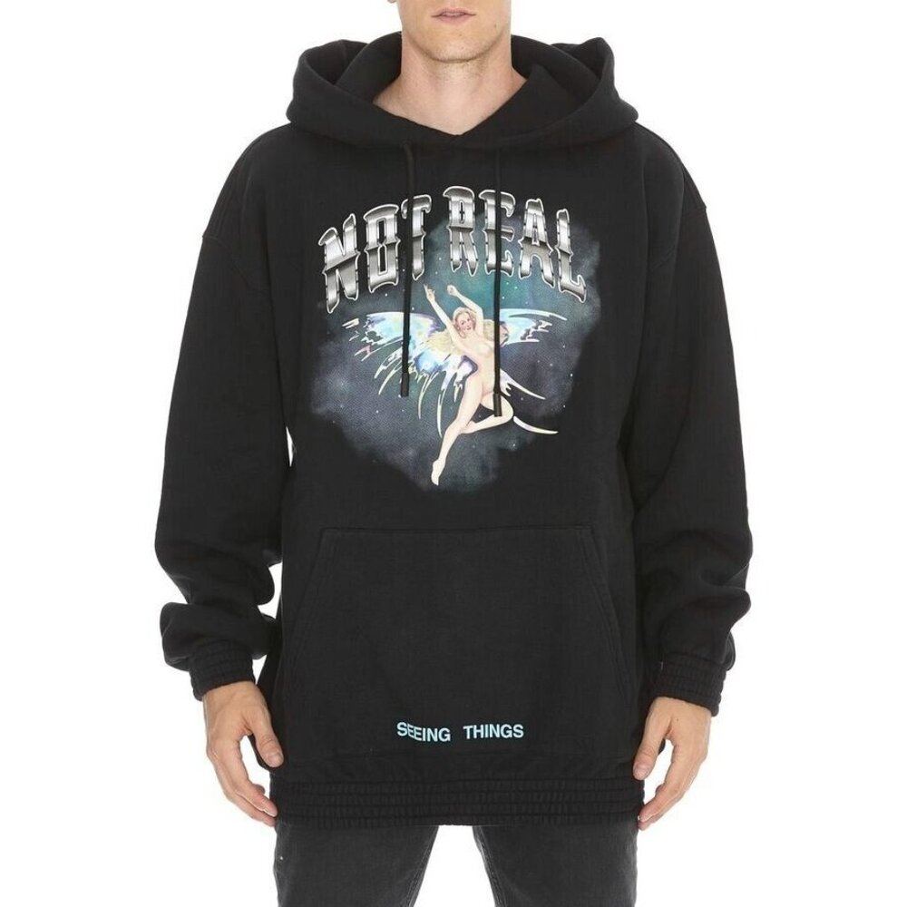 Off-White C/O Virgil Abloh Seeing Things Not Real Black Hoodie Sweatshirt Size L